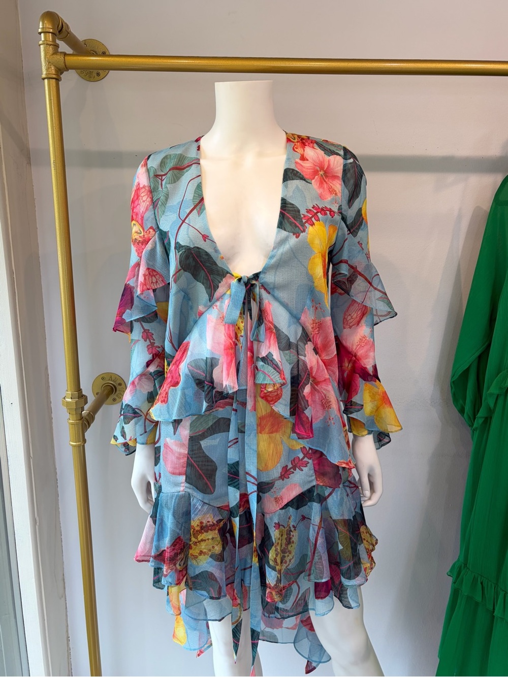Patbo Floral Layered Tie-Front Long Sleeve Blouse- Blue Floral